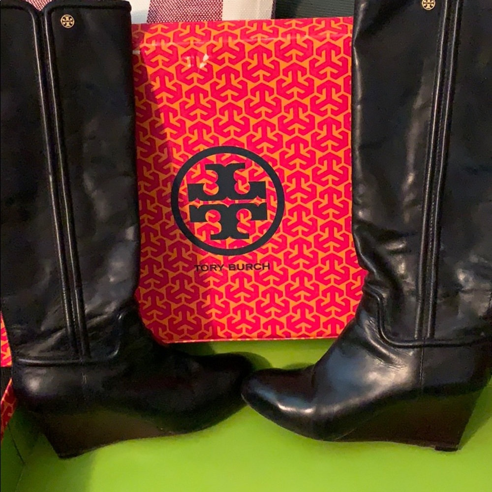 Tory Burch black wedge riding boots